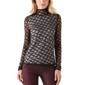 Diane von Furstenberg Sz 4 Black Fan Lace s Sheer Mock Neck Blouse Top Womens